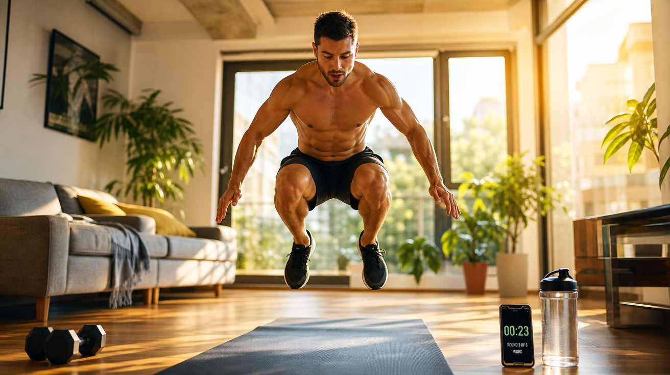 Homem musculado a fazer exercício em casa, saltando num tapete de yoga junto a halteres e garrafa de água.