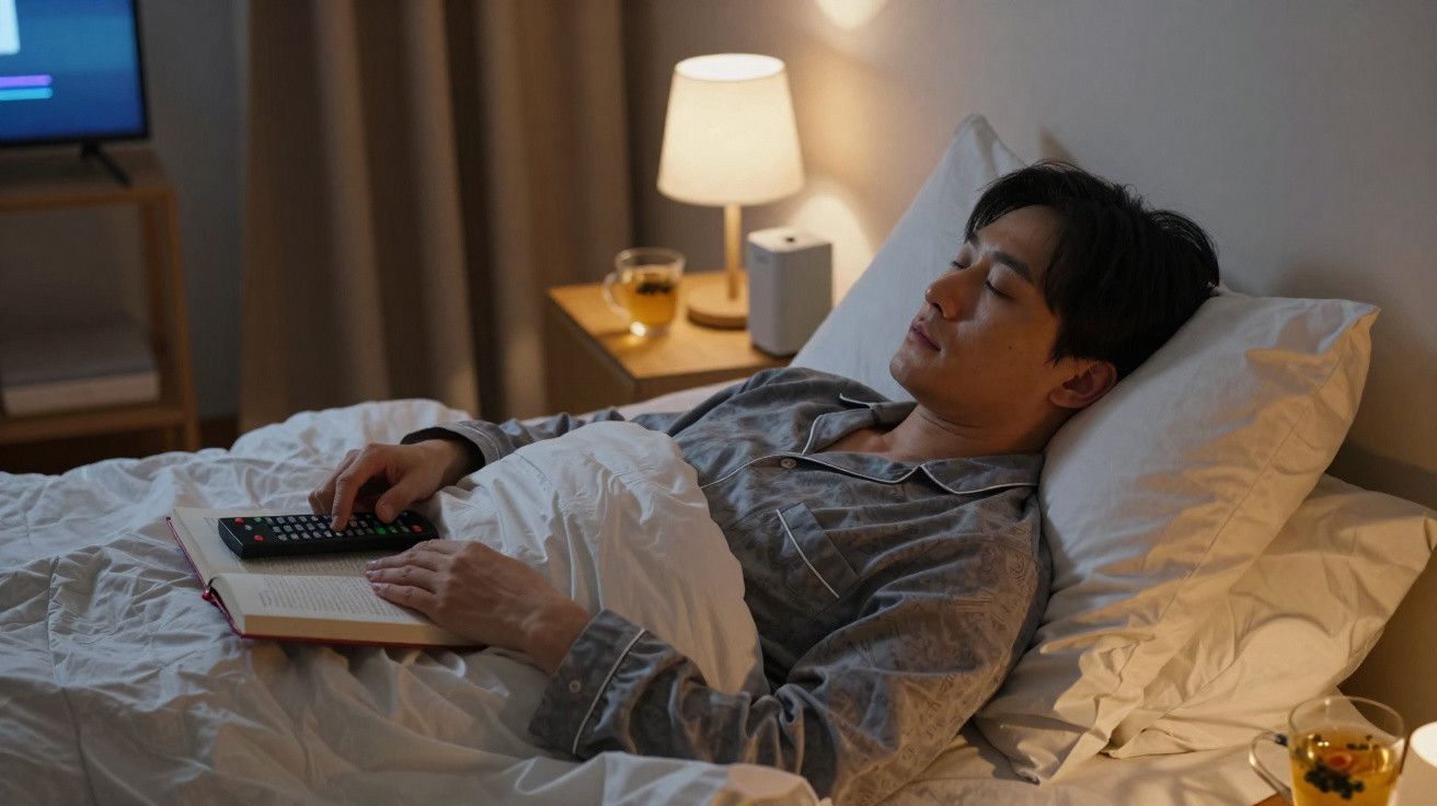 Homem de pijama adormecido na cama com livro e comando à sua frente, luz suave de candeeiro ligada.