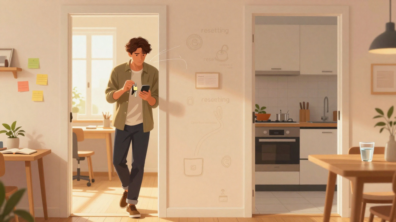 Jovem a segurar chaves e olhar para o telemóvel numa divisão luminosa com cozinha e escritório visíveis.