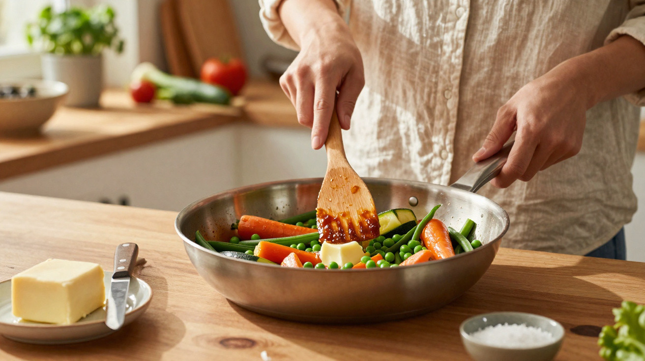 Pessoa a cozinhar legumes frescos numa frigideira, com manteiga e utensílio de madeira na cozinha.