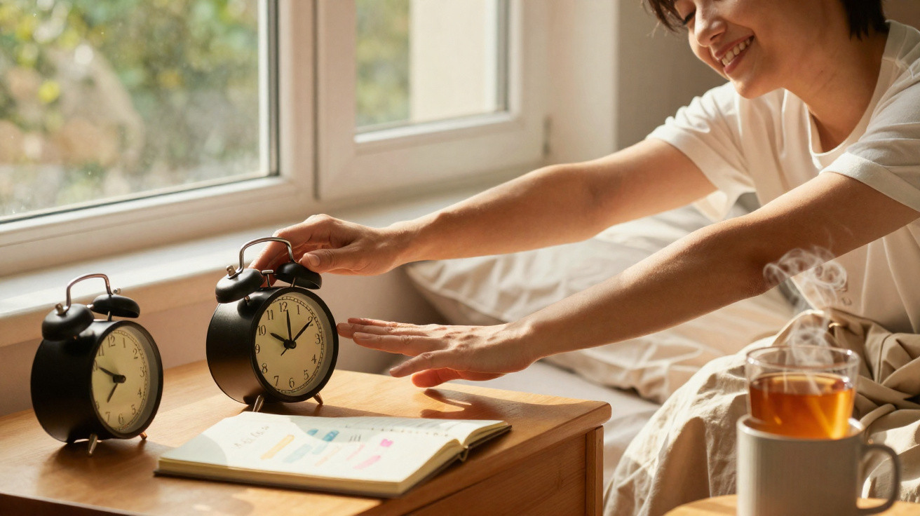 Pessoa acordando, desligando despertador numa mesa com livro aberto e chá quente junto à cama.