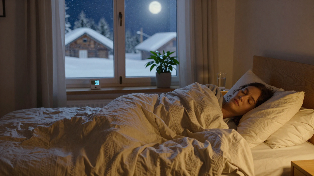 Mulher a dormir numa cama confortável com janela a mostrar paisagem nevada e lua cheia à noite.