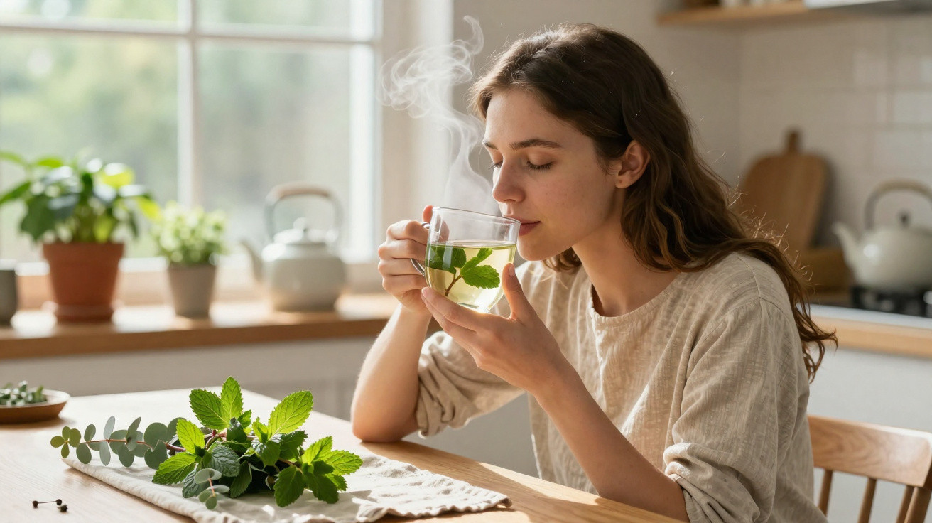 Mulher a cheirar chá quente com folhas frescas numa cozinha iluminada pela luz natural.