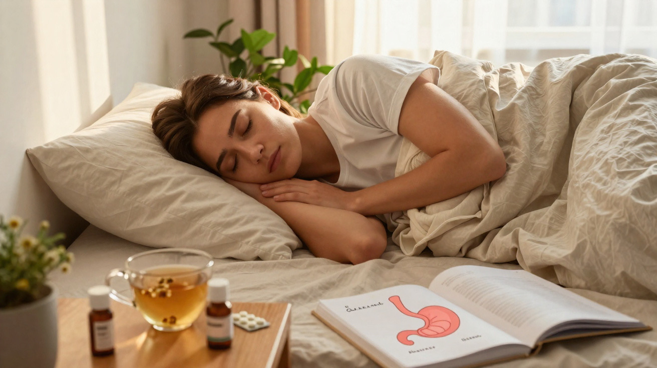 Mulher a dormir na cama com cama aberta numa ilustração do estômago ao lado e medicamentos na mesa.