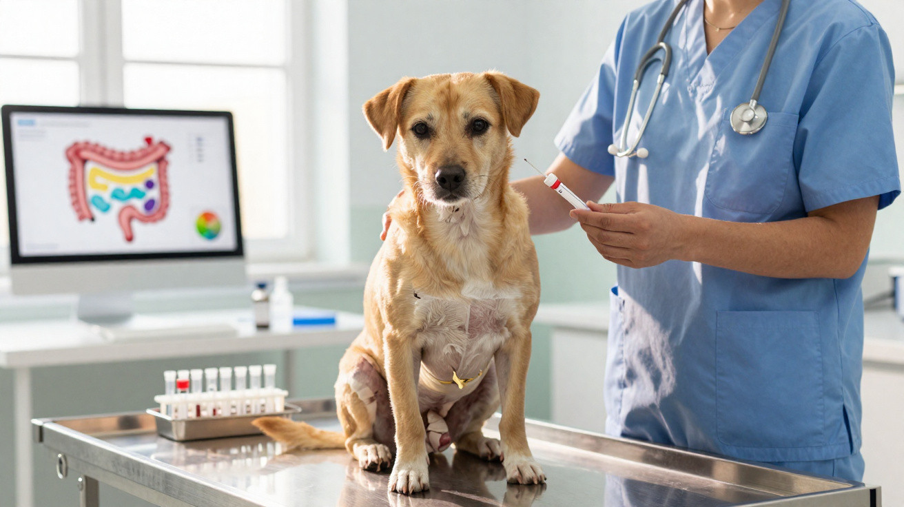 Cão sentado numa mesa clínica, com veterinário a segurar seringa num consultório veterinário.