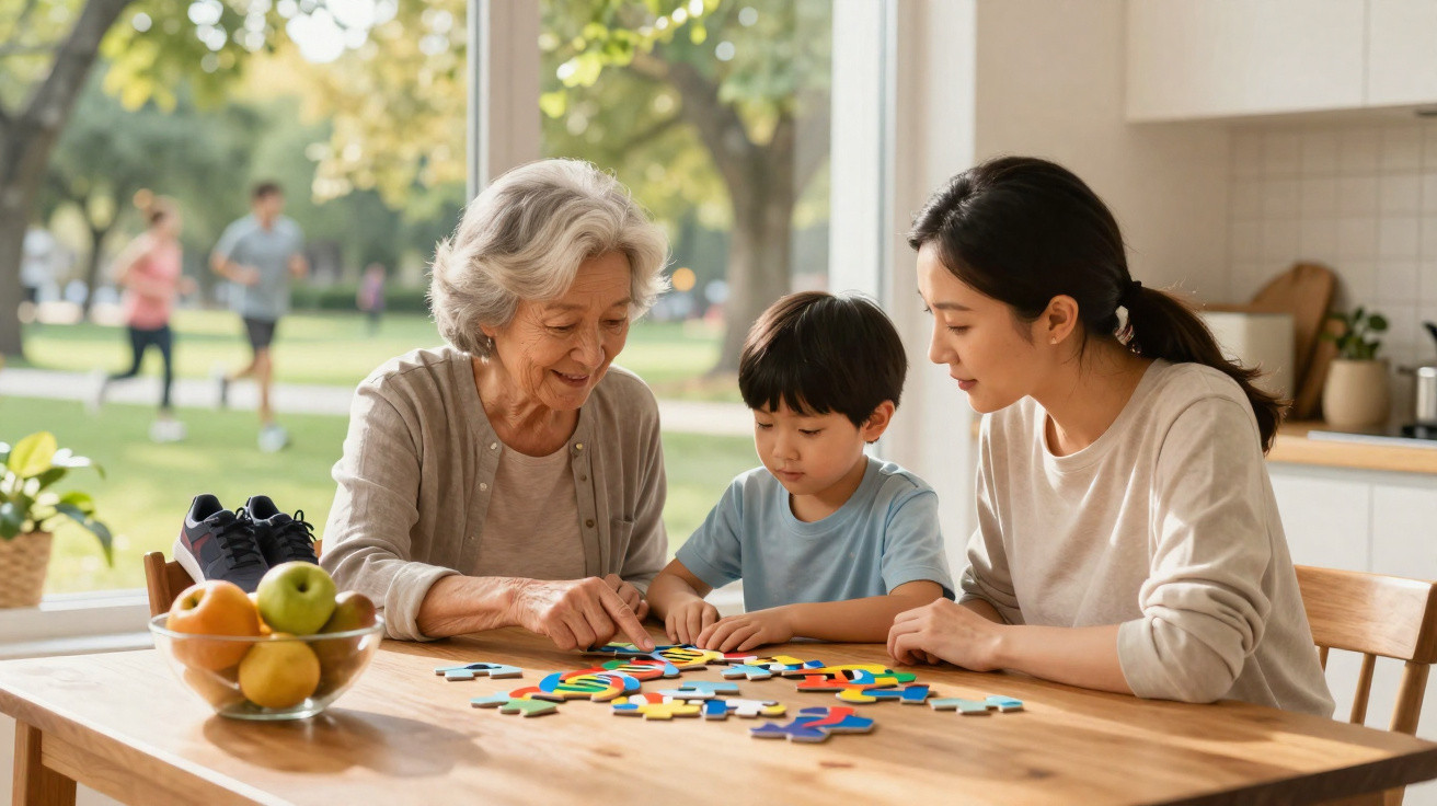 Três gerações de uma família asiática sentadas à mesa a montar um puzzle colorido numa cozinha com vista para um parque.