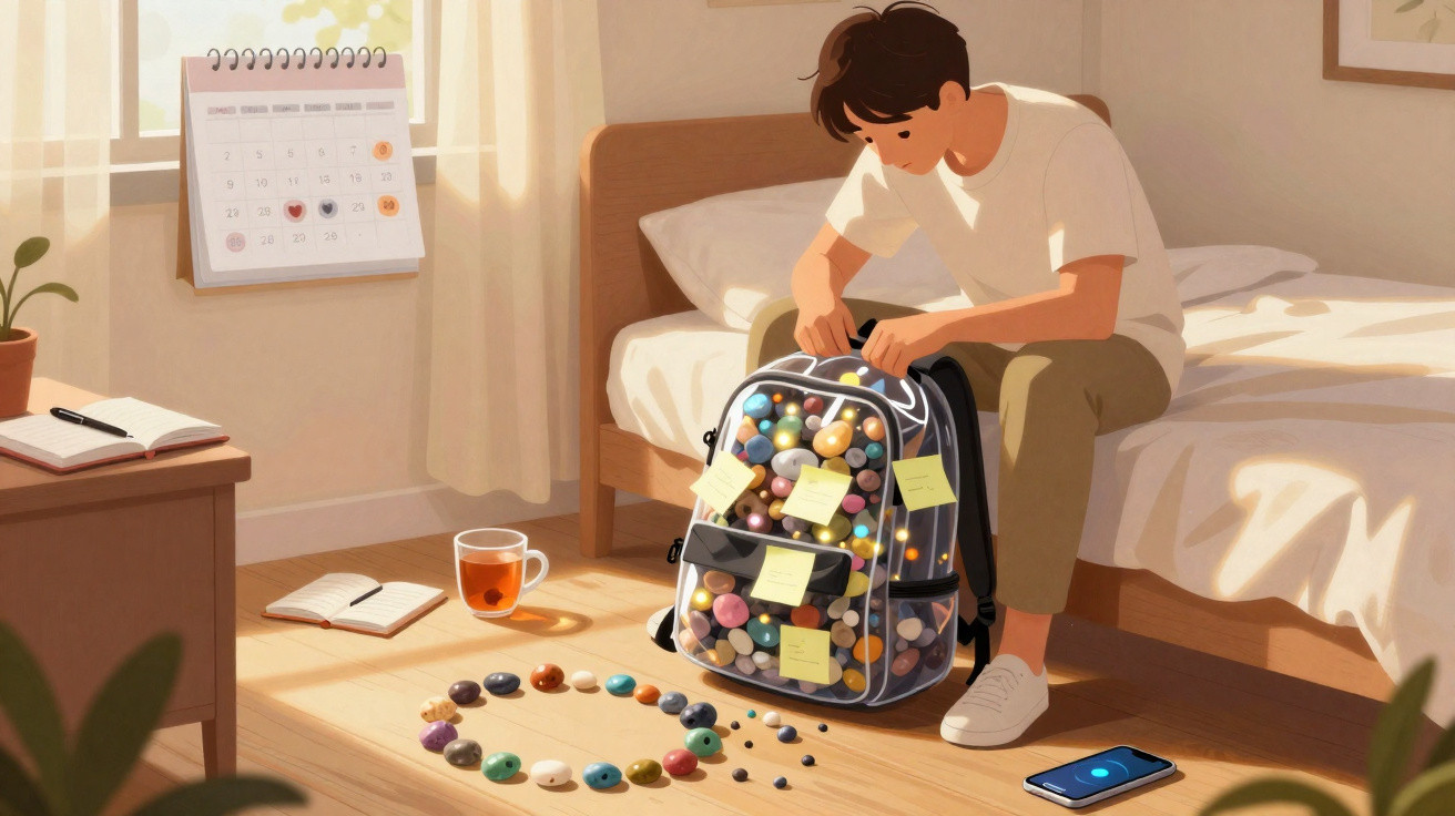 Rapaz sentado na cama a organizar mochila transparente cheia de bolas coloridas e notas coladas, num quarto iluminado.