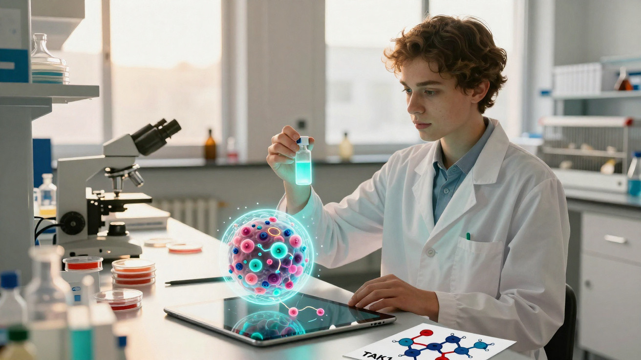 Jovem cientista em laboratório analisando modelo digital de moléculas projetado em tablet.