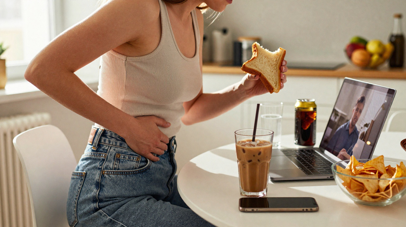 Mulher com dor abdominal segura sandes, sentada à mesa com laptop, bebida e snacks numa videochamada.