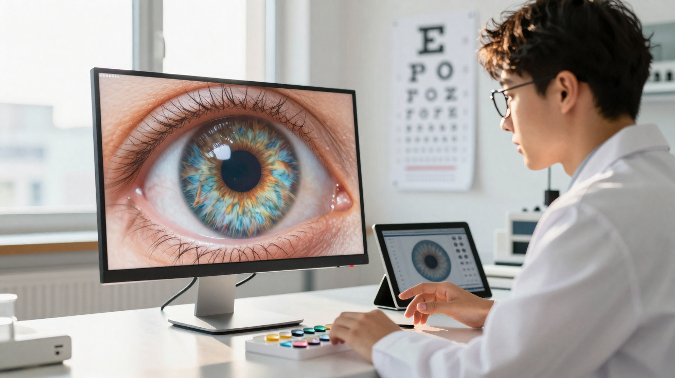 Especialista a analisar imagens detalhadas de um olho colorido num monitor e tablet numa clínica ocular.