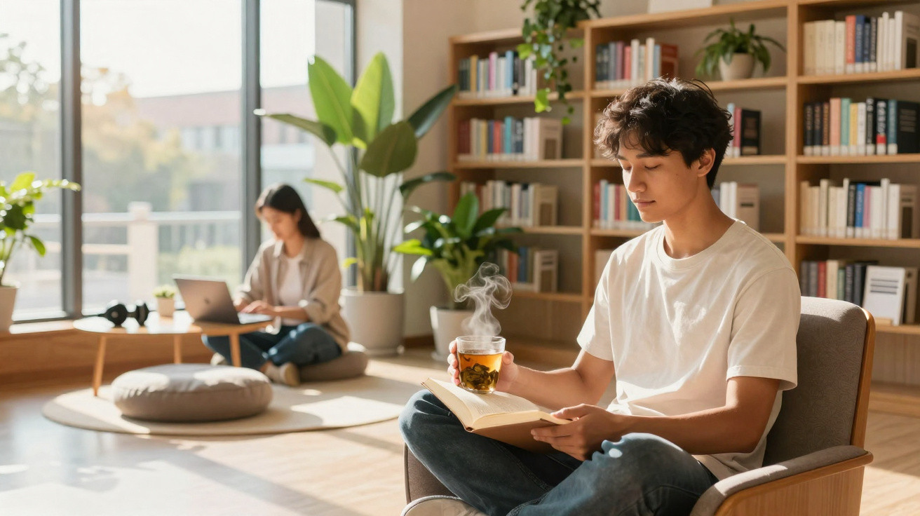 Jovem sentado a ler um livro e a beber chá, com outra pessoa a trabalhar num computador portátil numa sala iluminada.