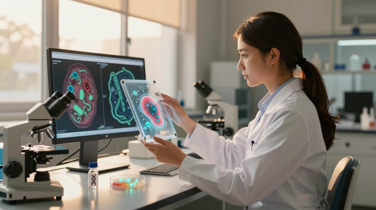 Cientista em laboratório a analisar imagem digital de célula em ecrã e painel tátil transparente.