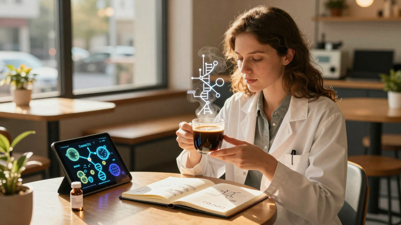 Mulher cientista a segurar chá com símbolos de ADN, mesa com livro aberto, tablet e frasco de remédio.