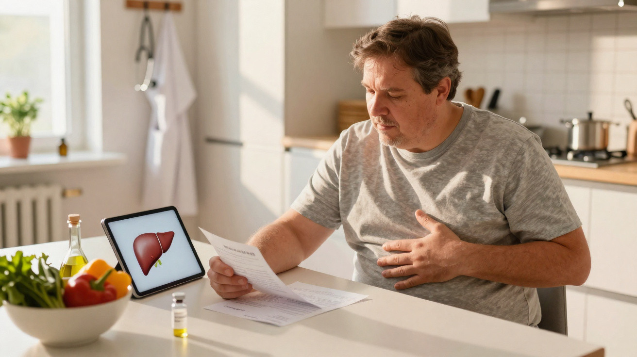 Homem preocupado lê documentos médicos na cozinha, com imagem de fígado num tablet ao lado.