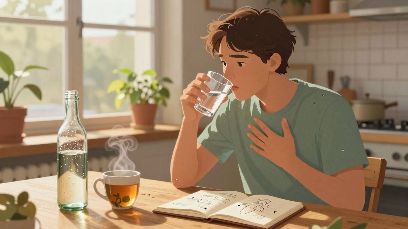 Jovem sentado à mesa a beber água, com livro aberto e chá quente fumegante numa cozinha iluminada.