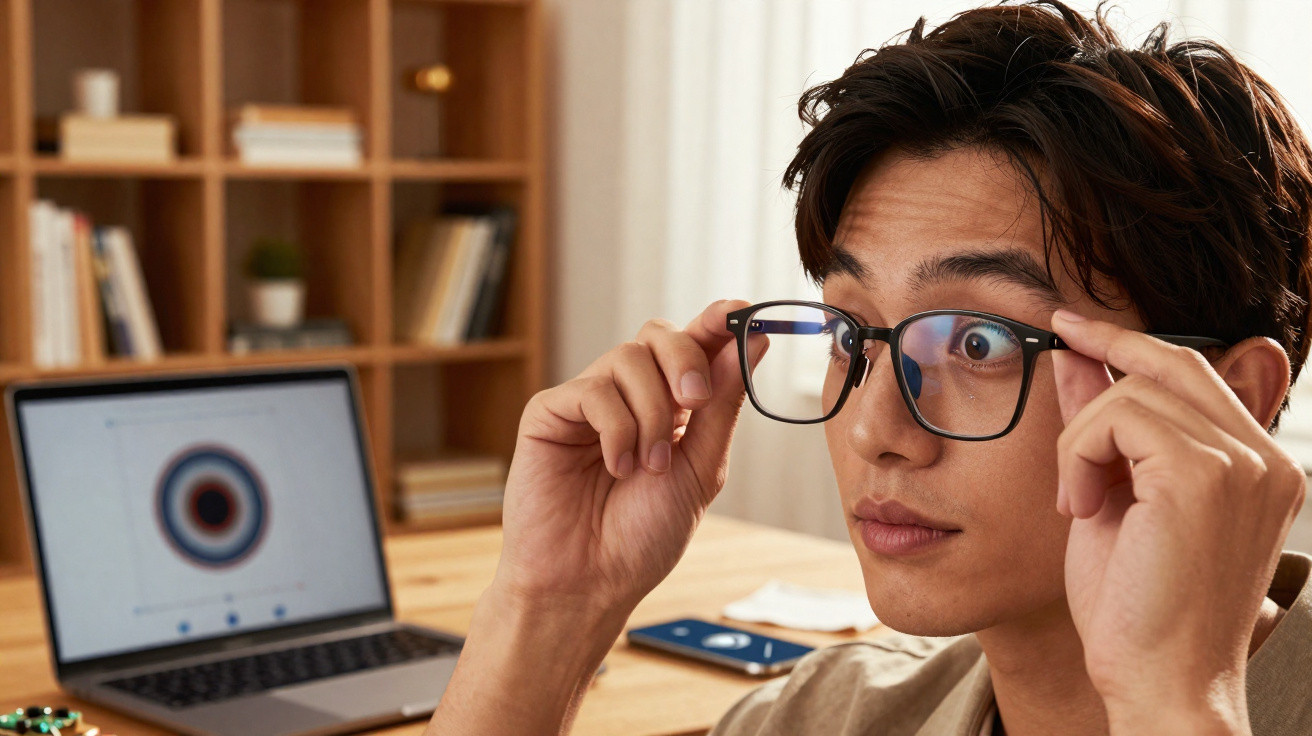 Pessoa ajusta óculos com expressão surpreendida, com laptop e estante de livros ao fundo.