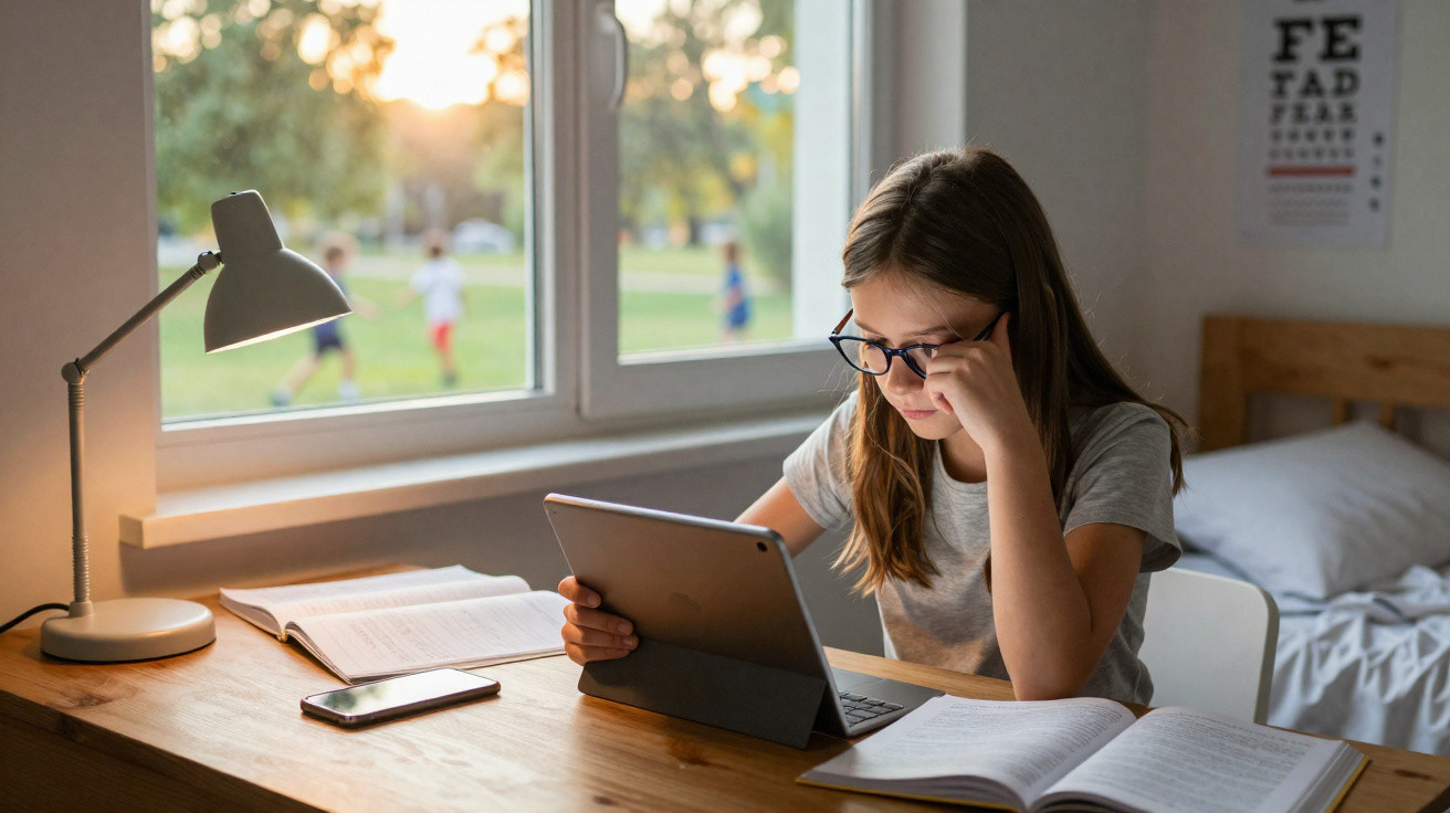 Rapaz de óculos a estudar com tablet e livros numa mesa perto da janela ao pôr do sol.
