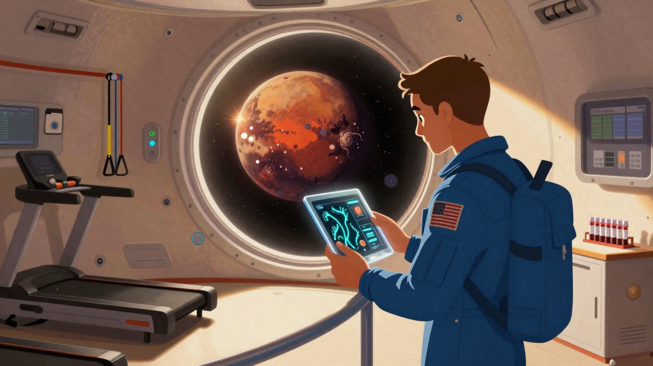Astronauta dentro de estação espacial observa planeta vermelho através de janela circular enquanto segura tablet.