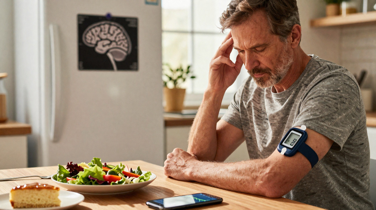 Homem saudável com monitor cardíaco olha preocupado para telemóvel à mesa com salada e sobremesa.