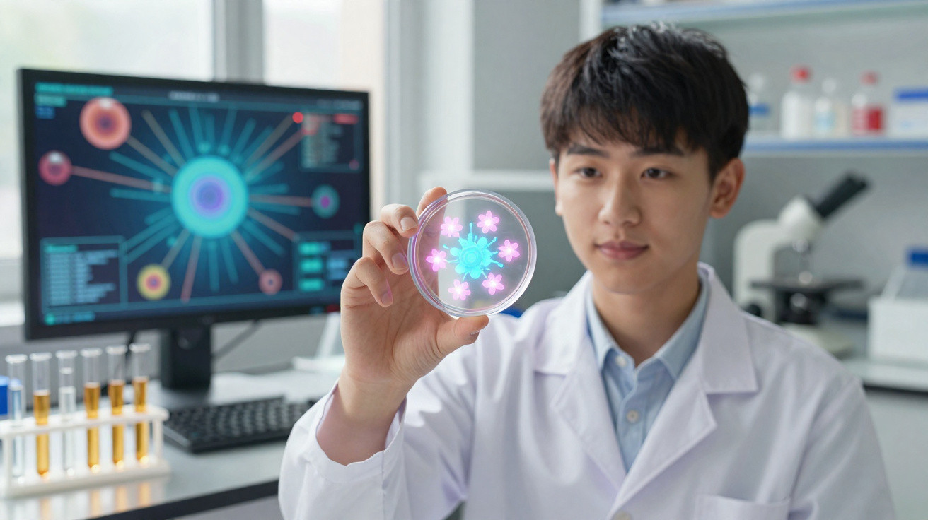 Cientista em laboratório segurando placa de Petri com imagens fluorescentes em frente a ecrã com dados.