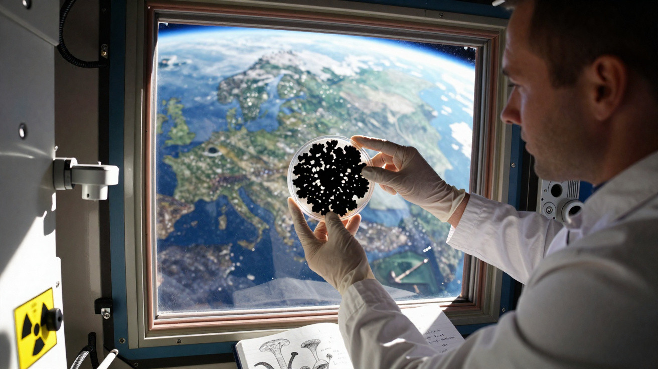 Cientista numa estação espacial a observar amostra num prato de cultura com vista para a Terra no espaço.