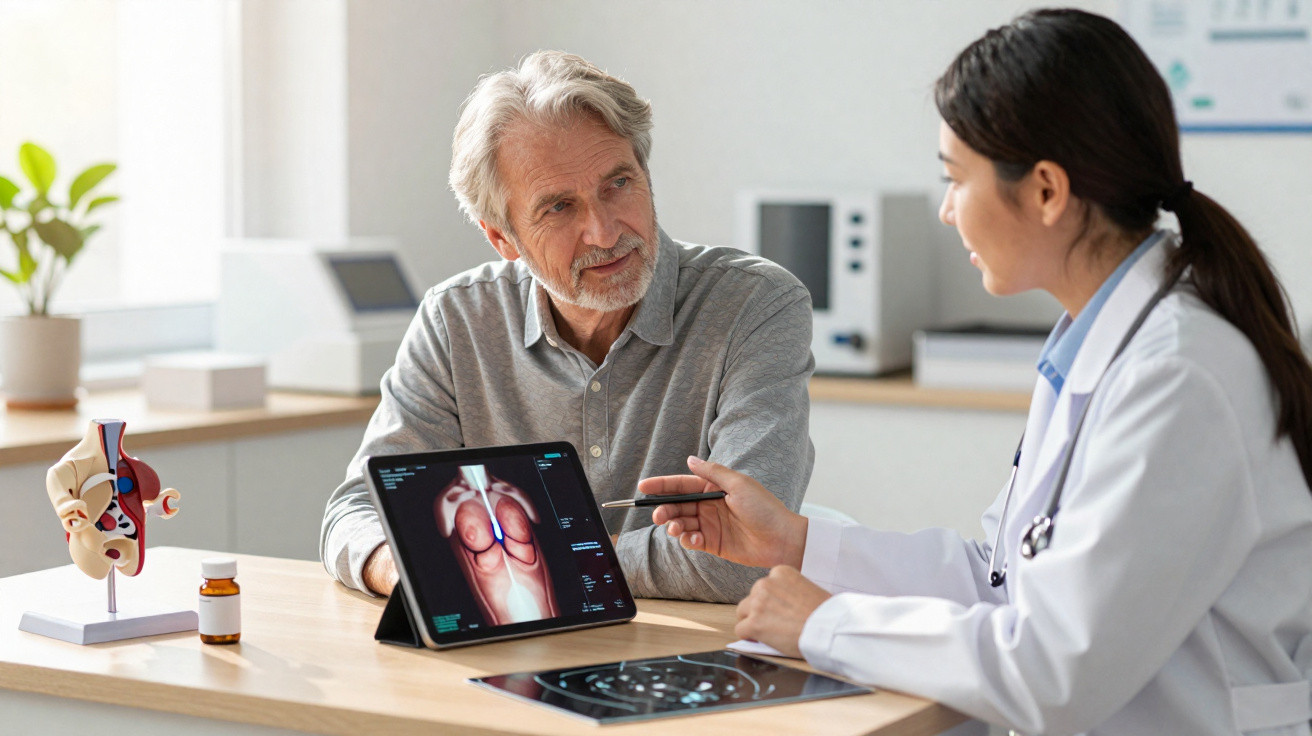 Médica explica radiografia de anca a idoso numa consulta médica num gabinete luminoso.