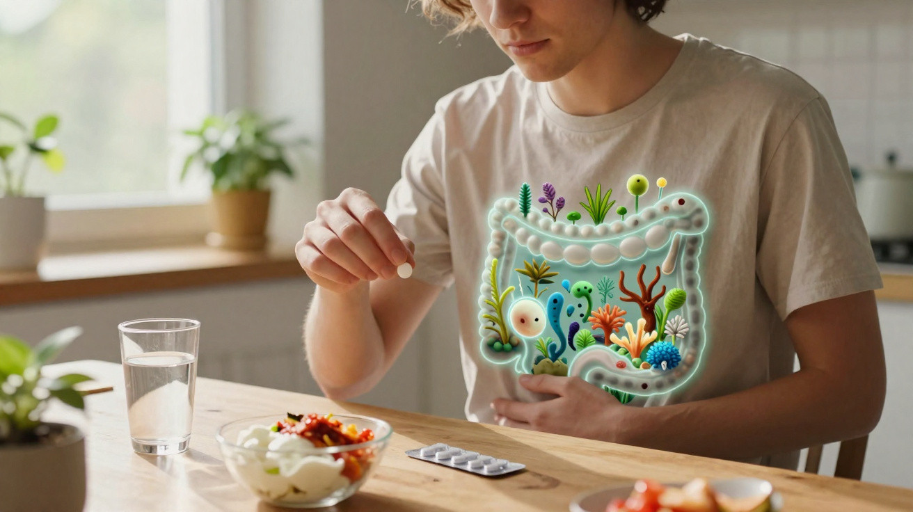 Pessoa a tomar comprimido com ilustração digital do intestino e flora intestinal sobreposto.