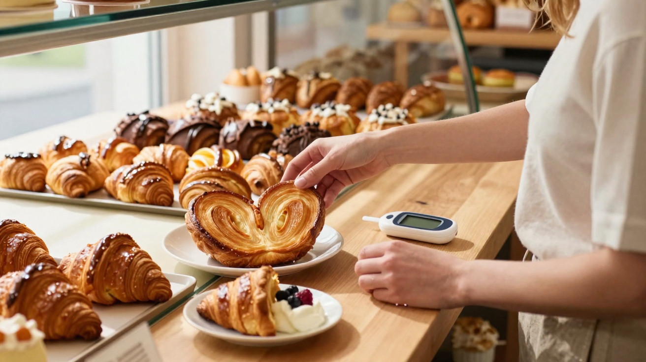 Pessoa a escolher pastelaria num balcão de padaria com vários croissants e doces expostos.