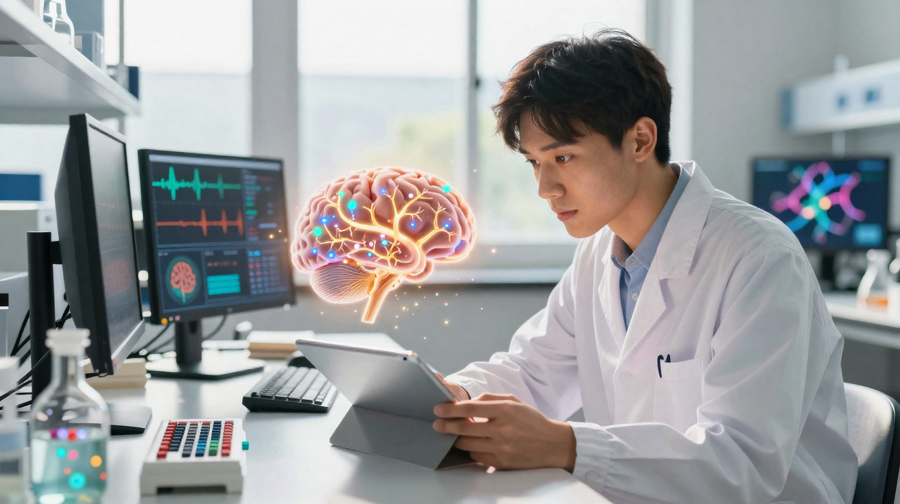 Cientista em laboratório analisando dados com representação digital de cérebro flutuante holográfico.