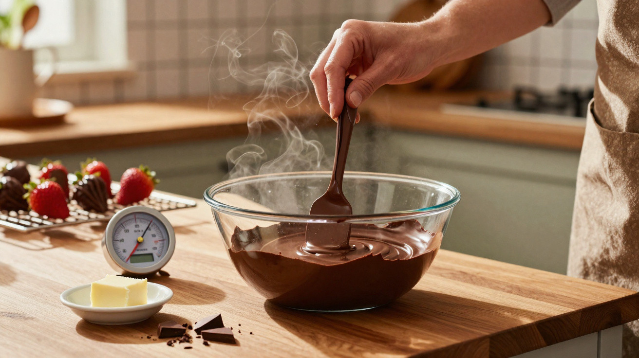 Pessoa a mexer chocolate derretido numa taça de vidro numa cozinha, com morangos e manteiga ao lado.