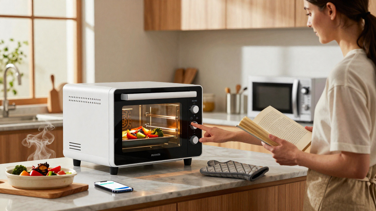 Mulher a programar forno elétrico branco na cozinha enquanto lê um livro de receitas.