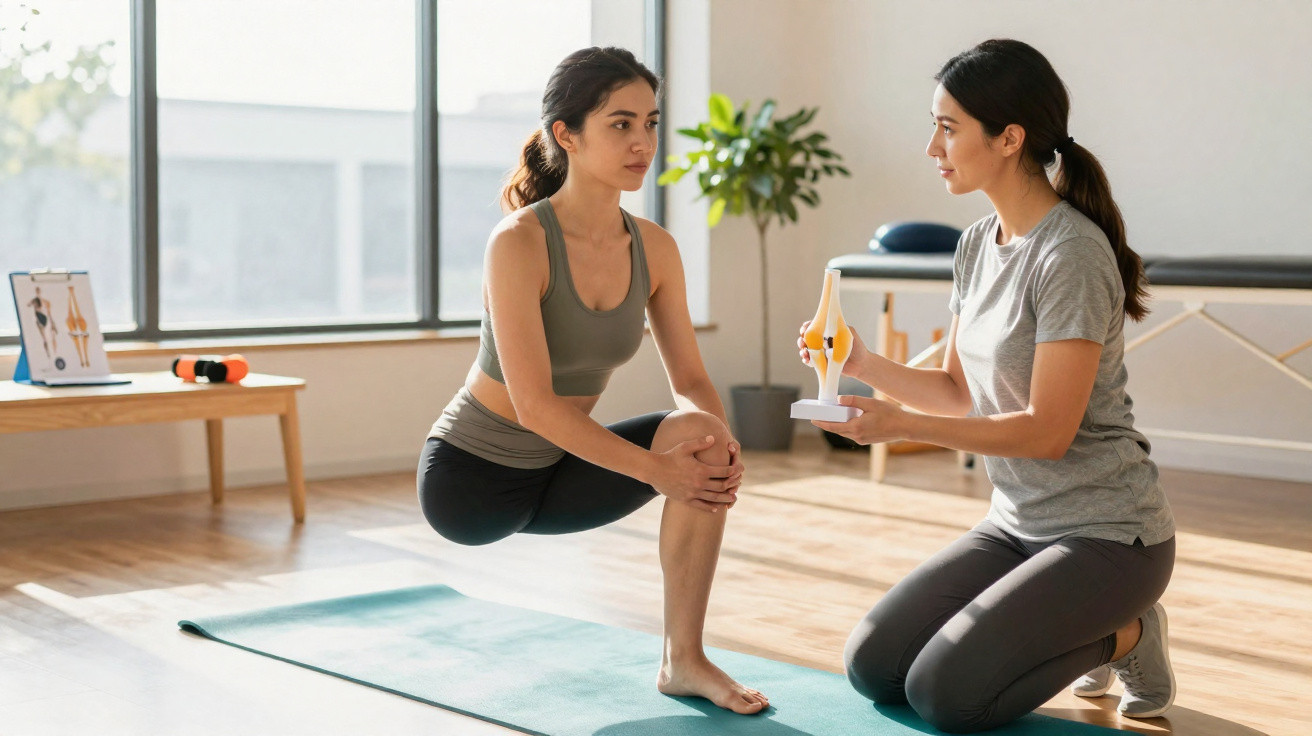 Mulher a realizar exercício de alongamento com orientação de fisioterapeuta que segura modelo de joelho.