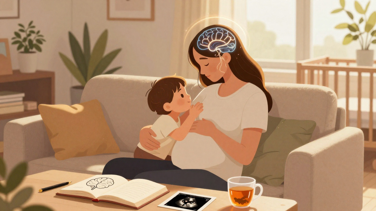 Mãe grávida no sofá com filho e ilustração do cérebro, livro e ecografia na mesa em sala iluminada.
