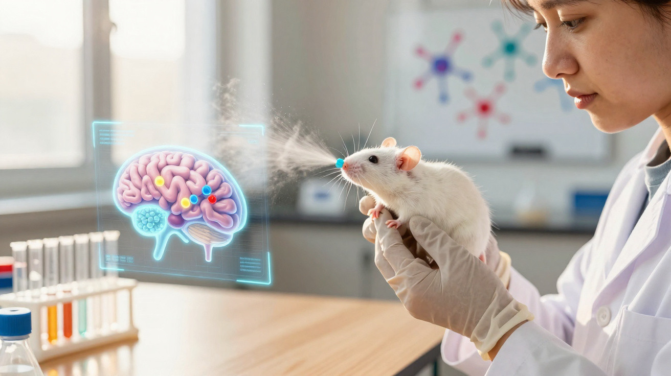 Investigadora em laboratório segura rato branco com projeção digital de cérebro ao lado.