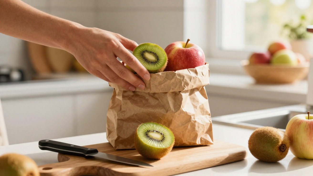 Mão feminina a colocar frutas, incluindo maçã e kiwi, num saco de papel numa cozinha iluminada.