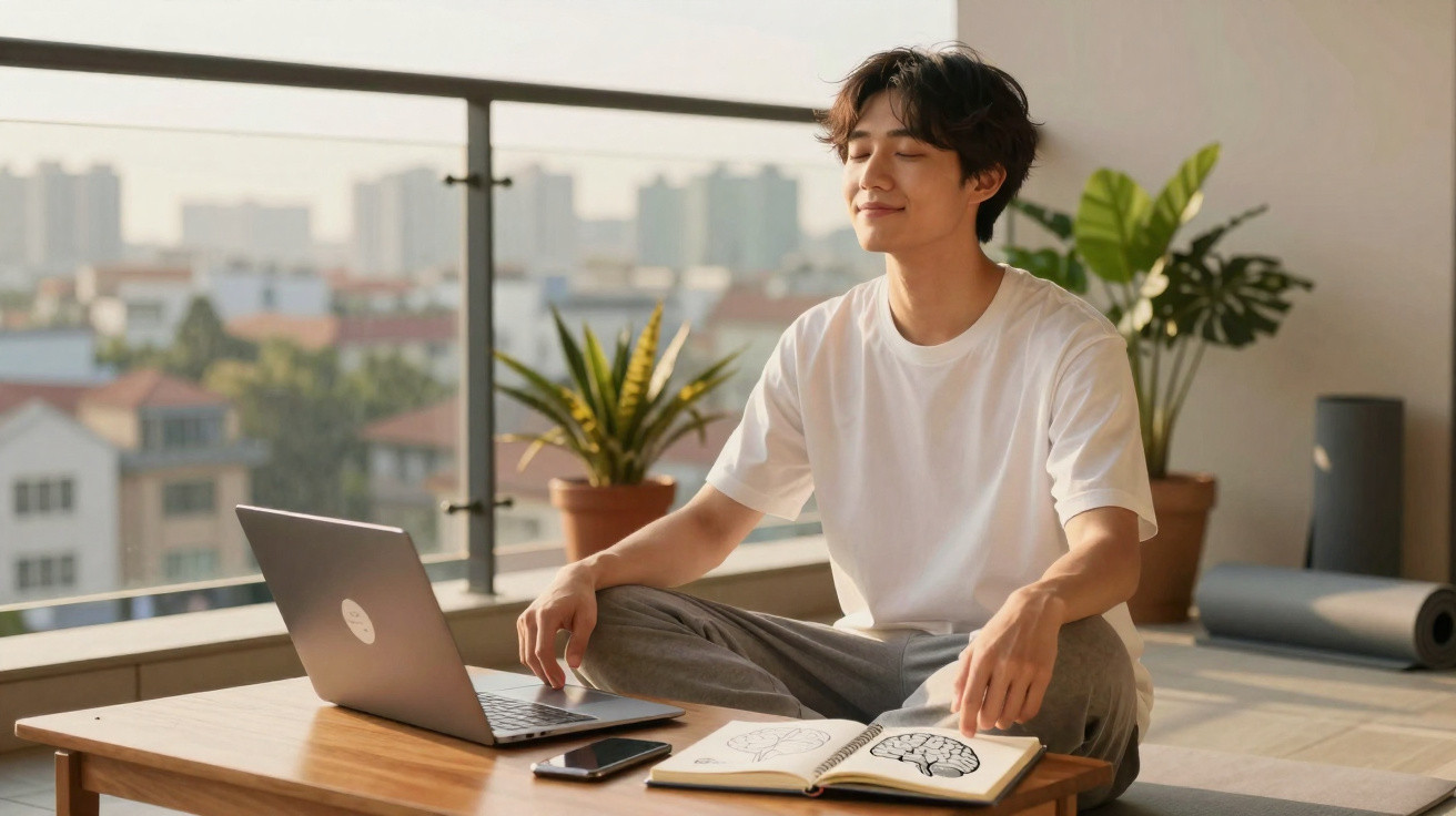 Jovem sentado de pernas cruzadas a meditar com laptop, caderno e plantas numa varanda iluminada pelo sol.