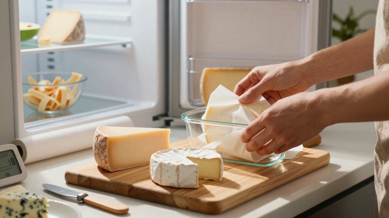 Mãos a colocar queijo embrulhado em papel num recipiente vidrado sobre tábua com vários queijos e frigorífico aberto atrás.