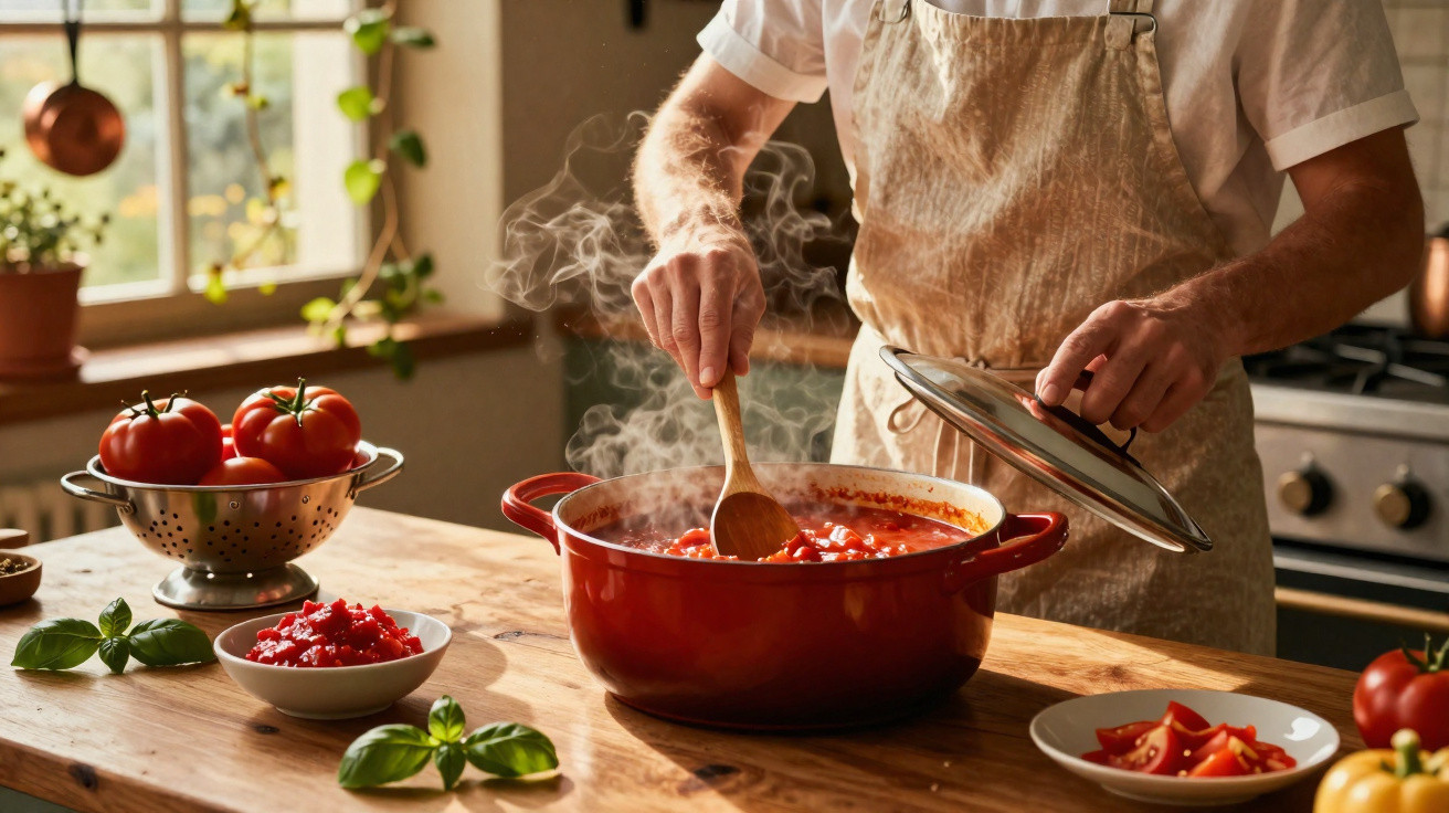 Pessoa a cozinhar molho de tomate numa panela vermelha numa cozinha iluminada e acolhedora.
