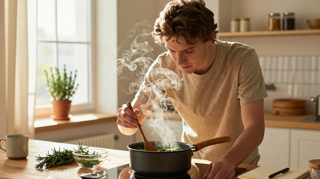 Homem a cozinhar numa panela numa cozinha luminosa, mexendo com uma colher de madeira.