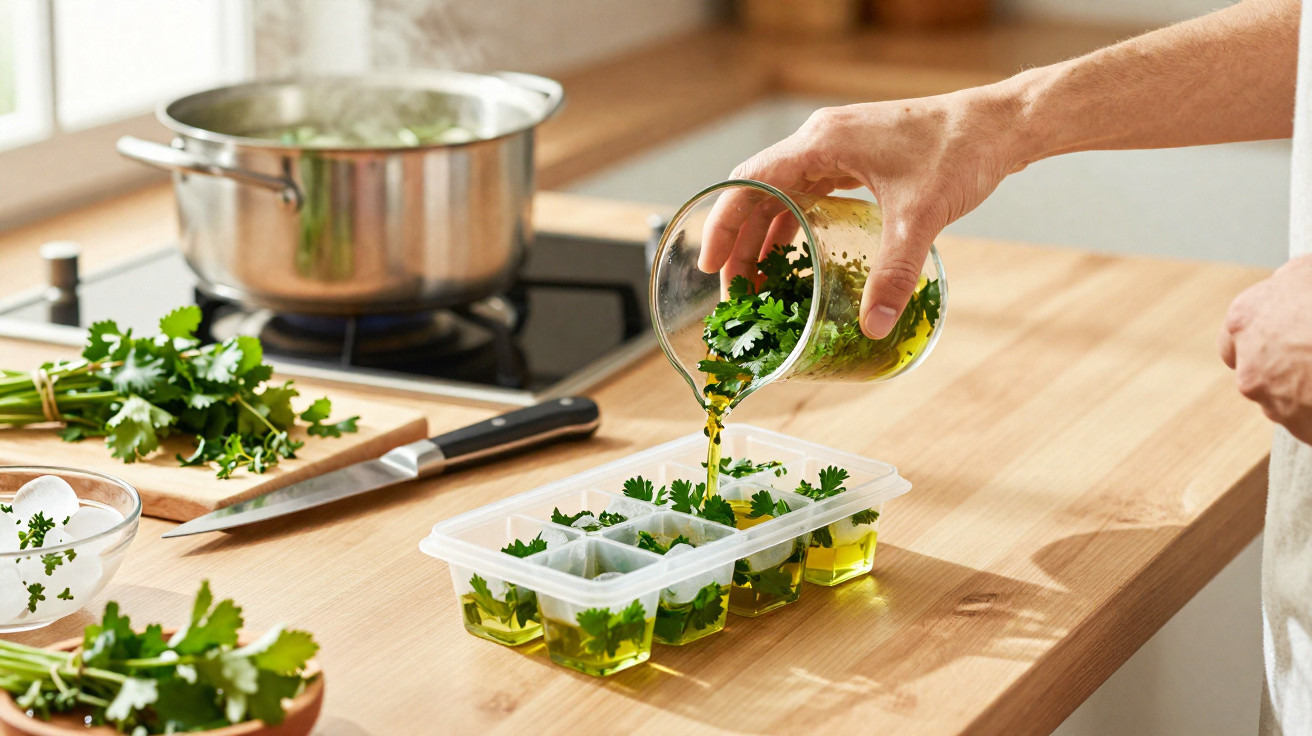 Pessoa a verter azeite com ervas frescas em formas de gelo numa cozinha moderna.