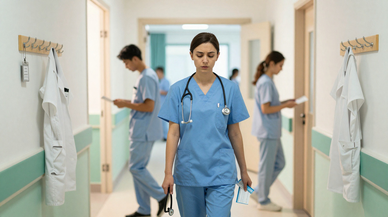 Enfermeira com expressão cansada a caminhar num corredor de hospital com outros profissionais ao fundo.