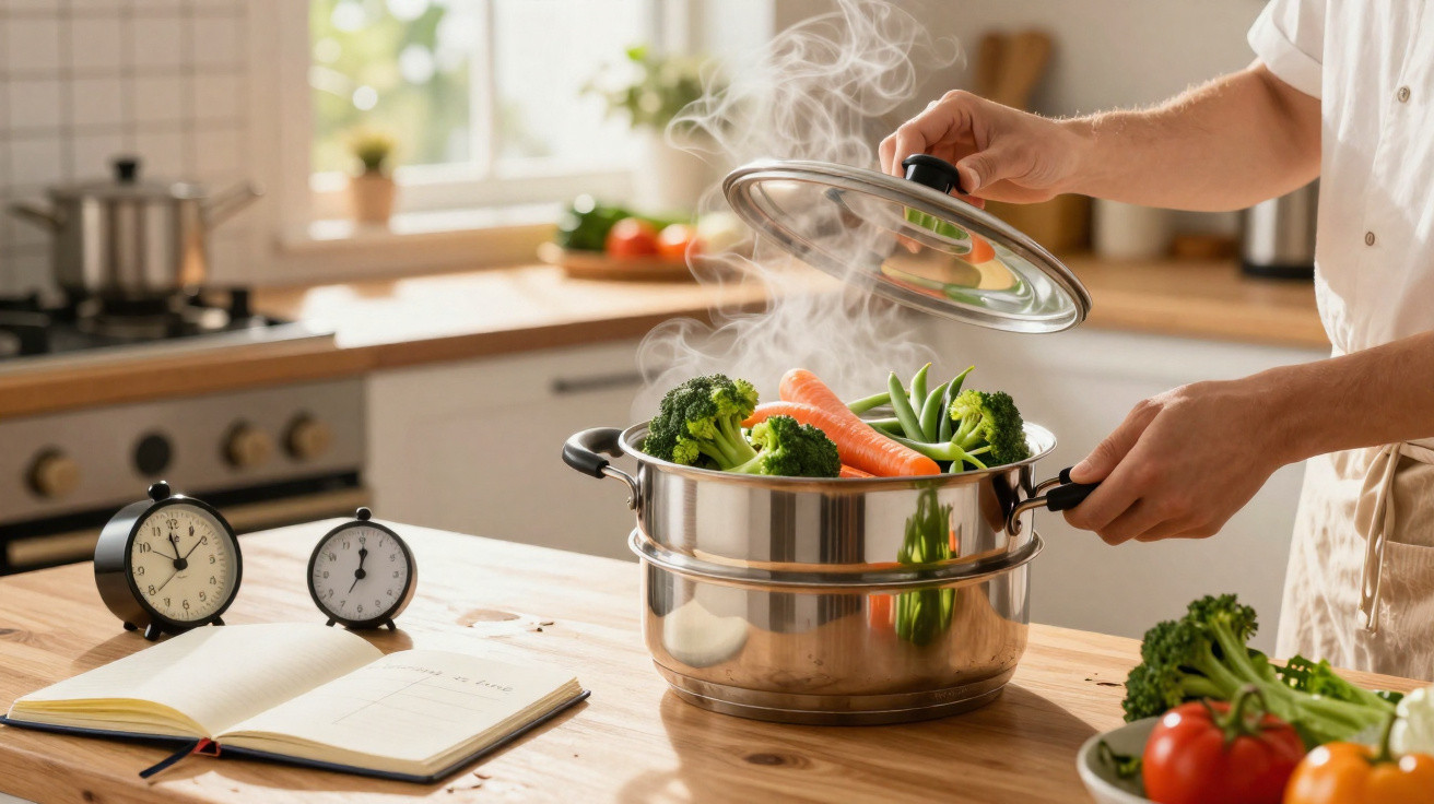 Mão levantando tampa de panela com legumes a vapor numa cozinha moderna e luminosa.