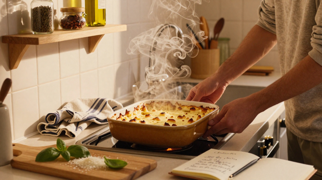 Pessoa a retirar lasanha fumegante do forno numa cozinha com ingredientes e receita à mostra.