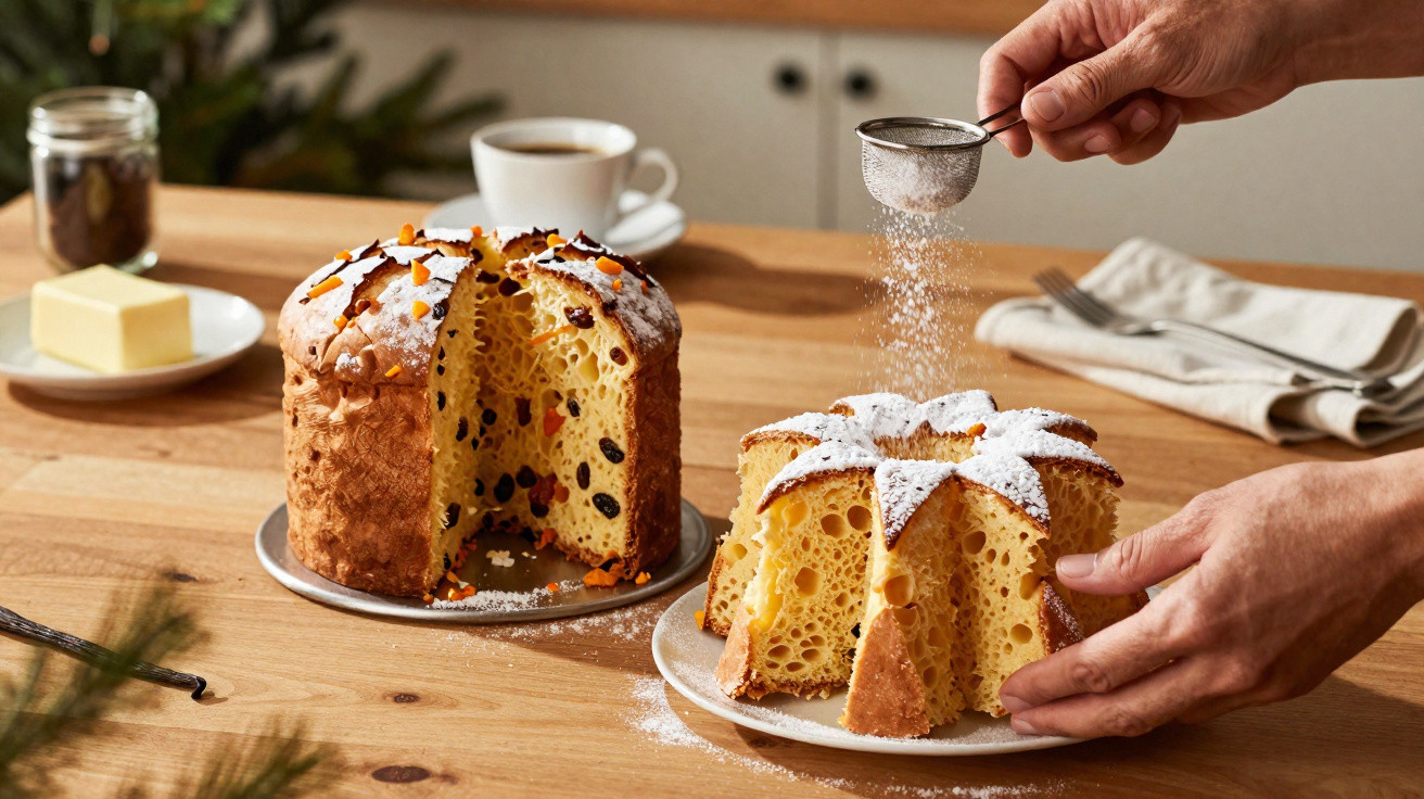 Mãos polvilhando açúcar em bolo tradicional panetone com frutos secos, ao lado de outro panetone inteiro e uma chávena de caf
