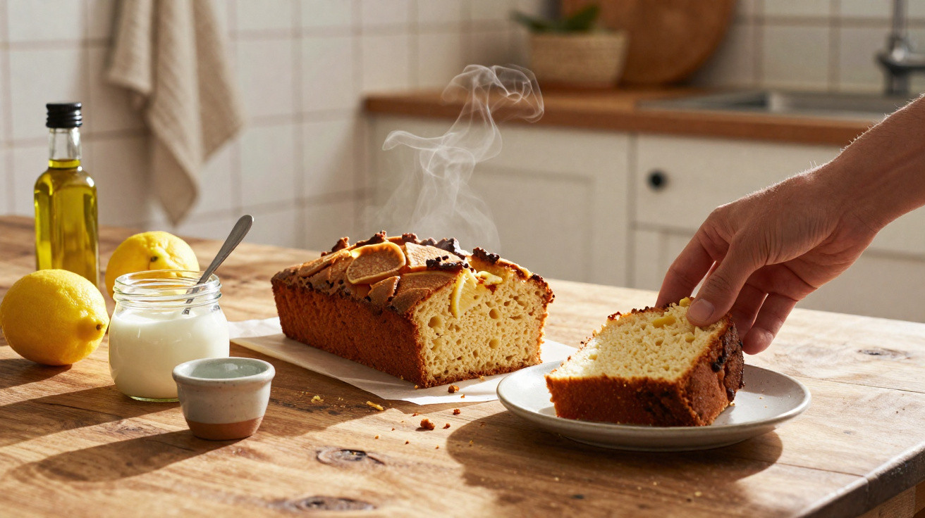 Bolo de limão acabado de fazer com fatia a ser servida numa cozinha iluminada.