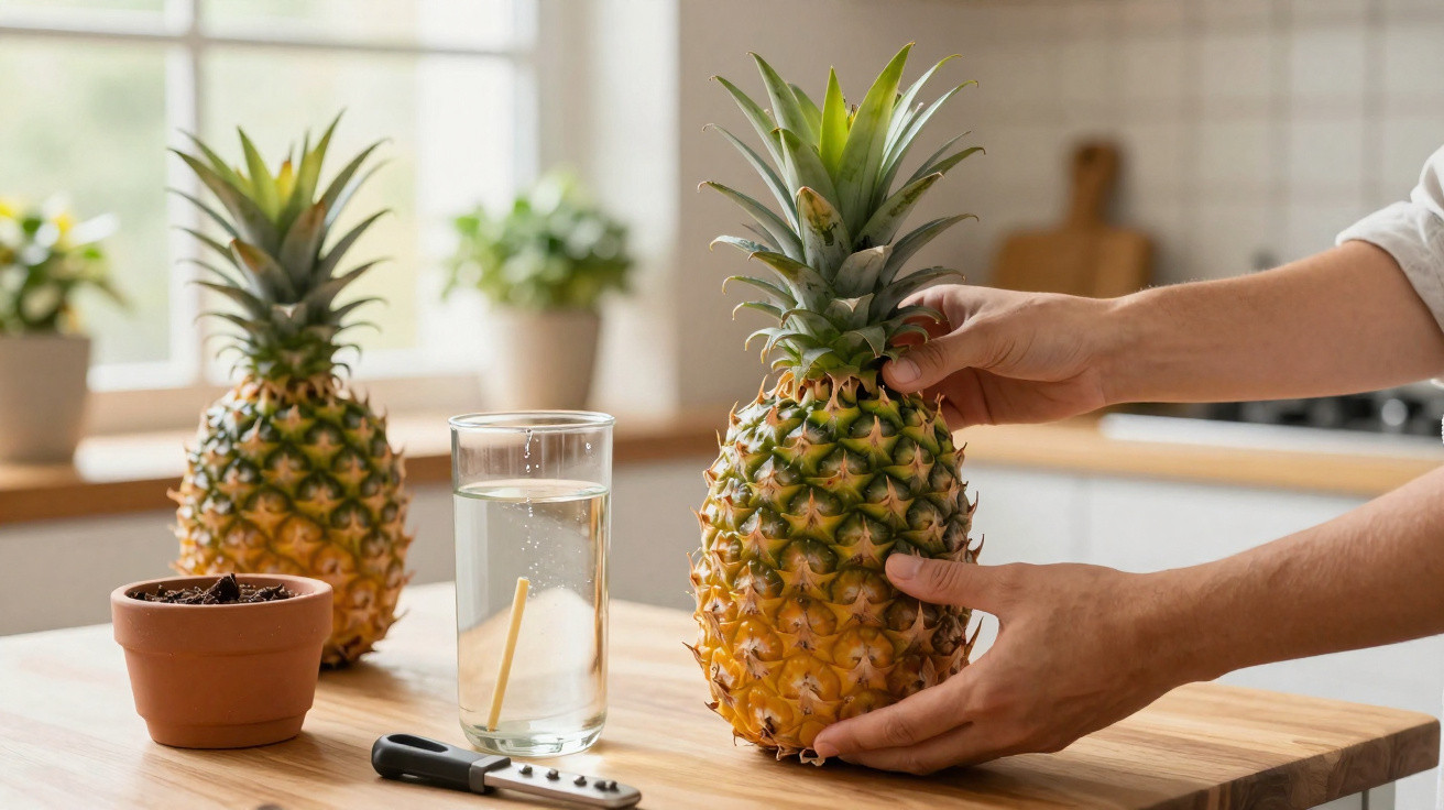 Duas ananases numa cozinha, uma a ser segurada por duas mãos sobre uma mesa de madeira.
