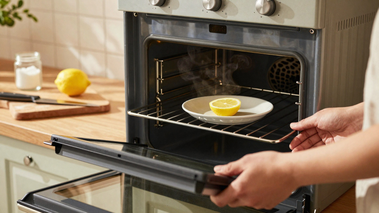 Tostas de forno com meio limão num prato branco a soltar vapor, com mãos a abrir a porta do forno.
