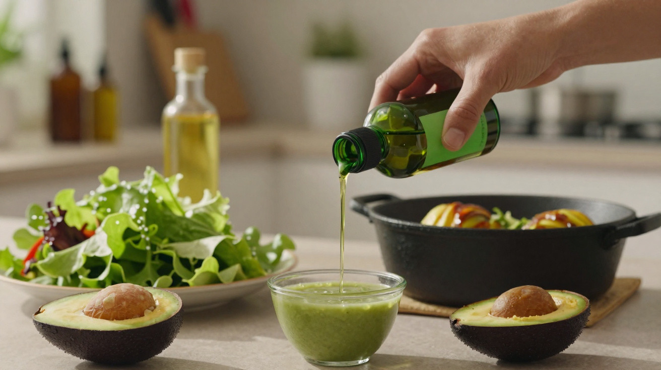 Mão a verter azeite num recipiente com molho verde, abacates cortados e salada numa bancada de cozinha.