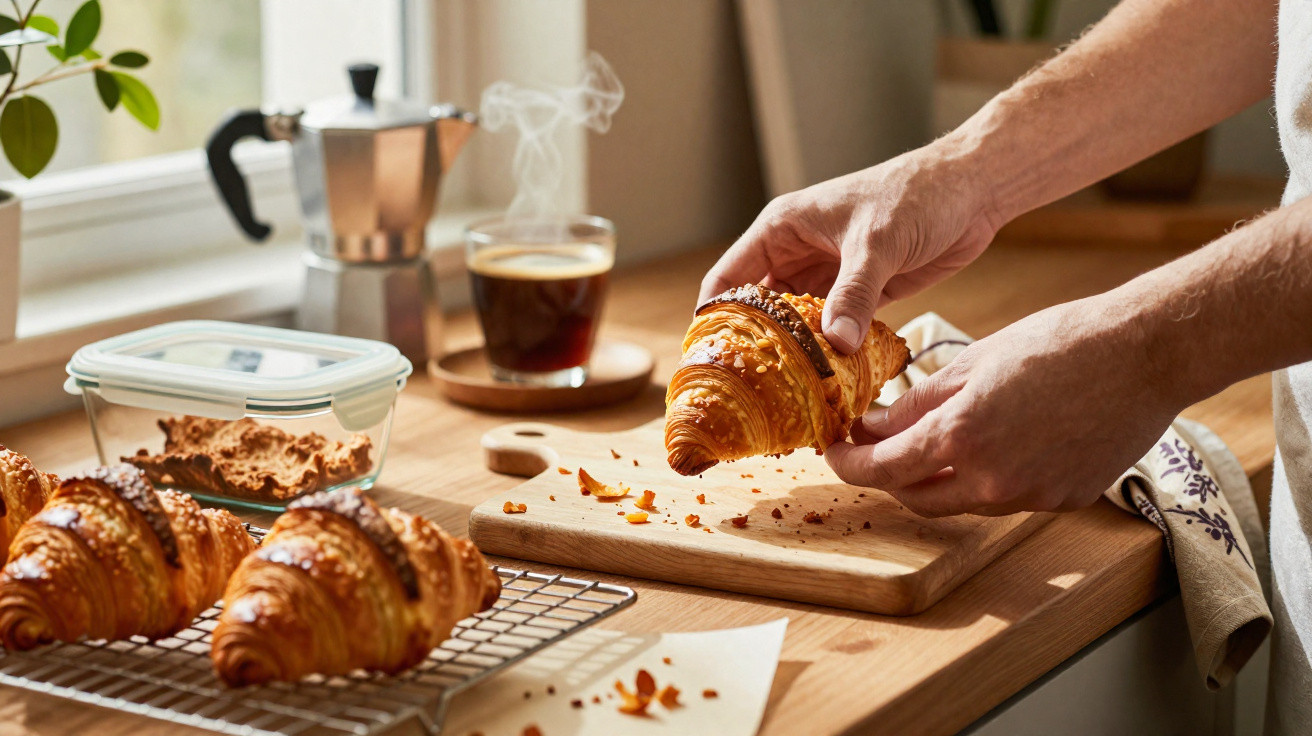 Mãos seguram croissant numa tábua, com mais croissants, café e prensa italiana num balcão de cozinha iluminado.