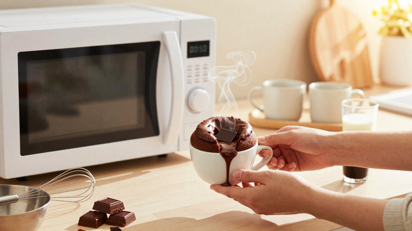 Duas mãos seguram chávena com bolo de chocolate a sair quente, junto a micro-ondas e ingredientes numa bancada.